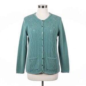 Jenny Cardigan Sweater Teal Cable Knit Beads Floral Granny Cottagecore L Vintage